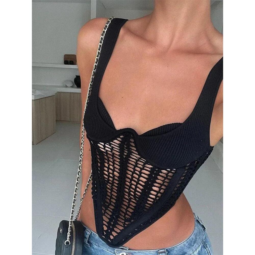 Black Fishbone Crocheted Knitted Corset style Crop Top